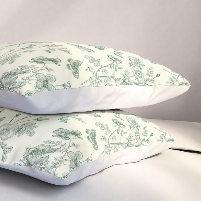 Toile de Jouy Wild Roses & Butterflies Forest Green Floral Pillow Sham Gallery Image 3