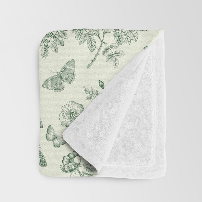Toile de Jouy Wild Roses & Butterflies Forest Green Floral Throw Blanket Gallery Image 3
