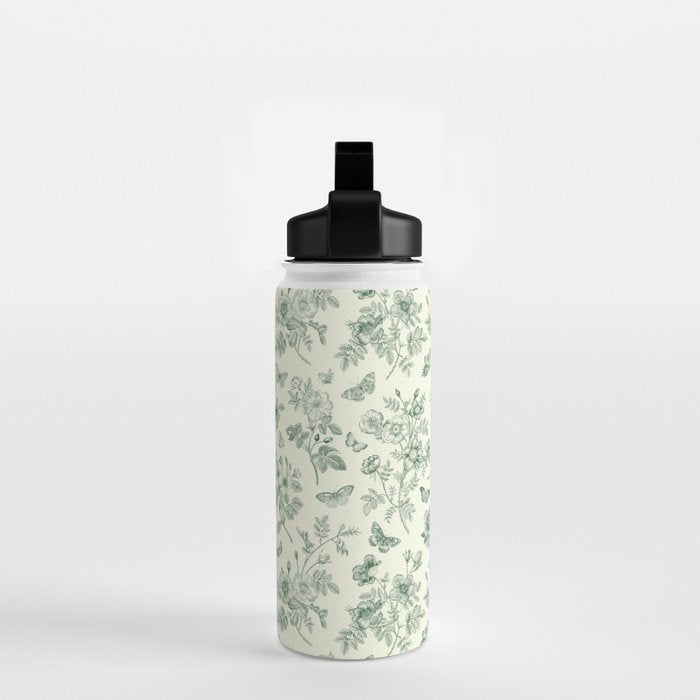 Toile de Jouy Wild Roses & Butterflies Forest Green Floral Water Bottle Gallery Image 2