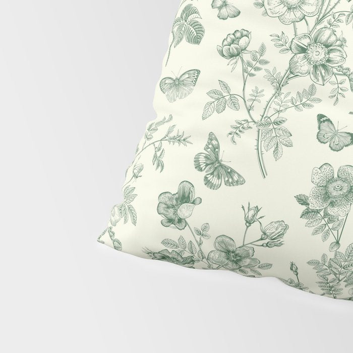 Toile de Jouy Wild Roses & Butterflies Forest Green Floral Pillow Sham Gallery Image 4