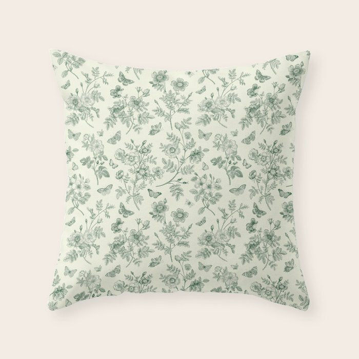 Toile de Jouy Wild Roses & Butterflies Forest Green Floral Throw Pillow Gallery Image 6