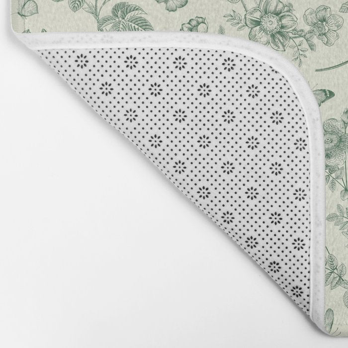 Toile de Jouy Wild Roses & Butterflies Forest Green Floral Bath Mat Gallery Image 2