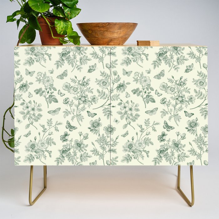 Toile de Jouy Wild Roses & Butterflies Forest Green Floral Credenza Gallery Image 1