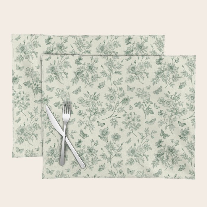 Toile de Jouy Wild Roses & Butterflies Forest Green Floral Placemat Gallery Image 1