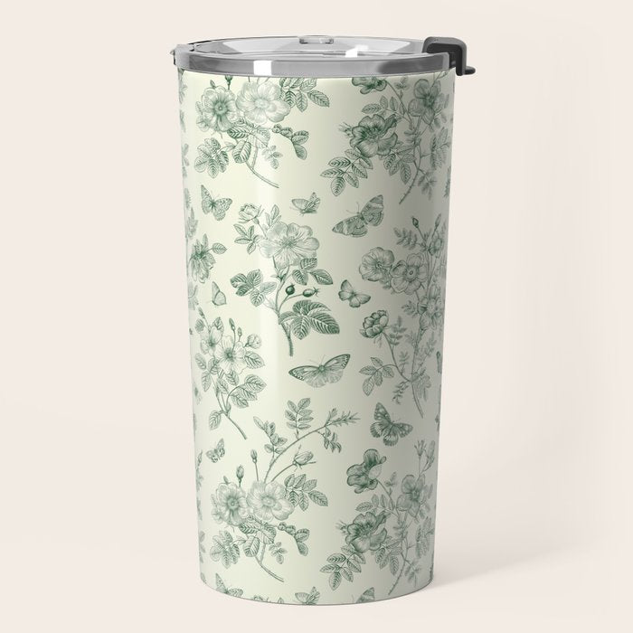 Toile de Jouy Wild Roses & Butterflies Forest Green Floral Travel Mug Gallery Image 2