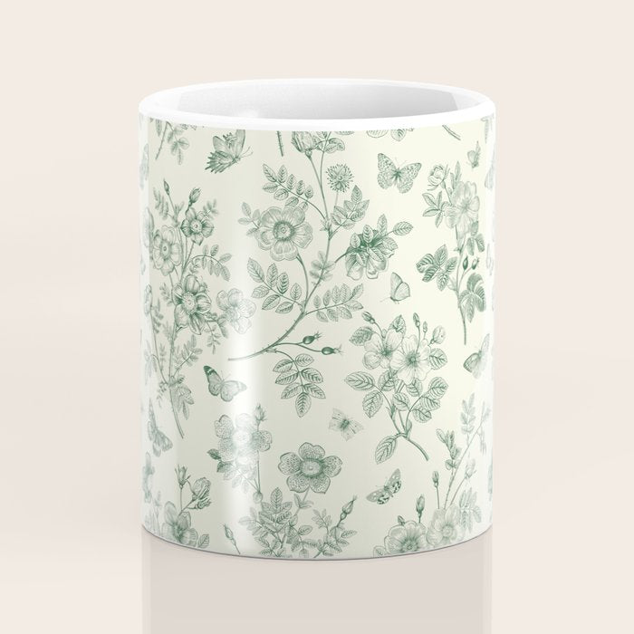 Toile de Jouy Wild Roses & Butterflies Forest Green Floral Coffee Mug Gallery Image 4