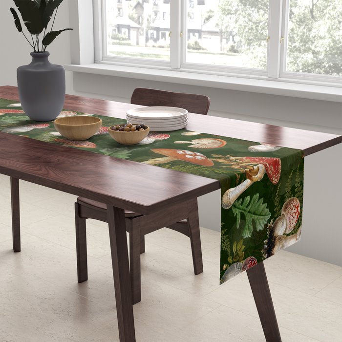Vintage Dark Night Green Mushroom Forest Table Runner Gallery Image 2