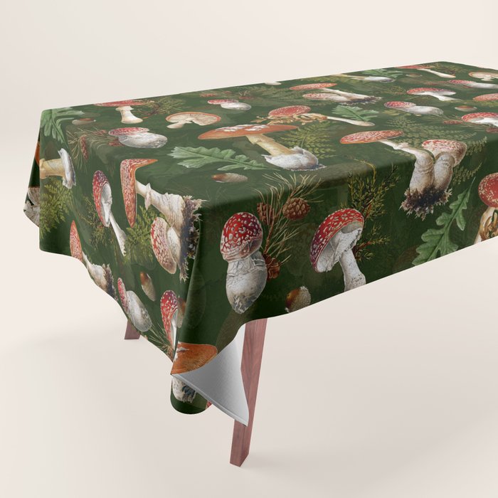 Vintage Dark Night Green Mushroom Forest Tablecloth Gallery Image 1