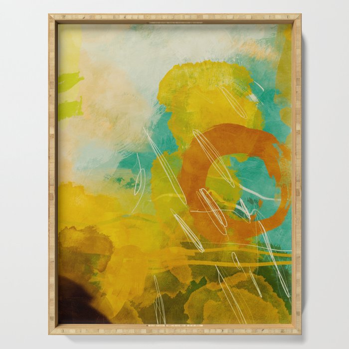 summer landscape 2 triptych abstract art Serving Tray Gallery Image 1