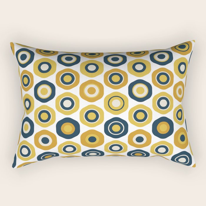 Buttons. Cute Geometric Pattern in Mustard Yellows, Blue, and Taupe on White Rectangular Pillow Gallery Image 2