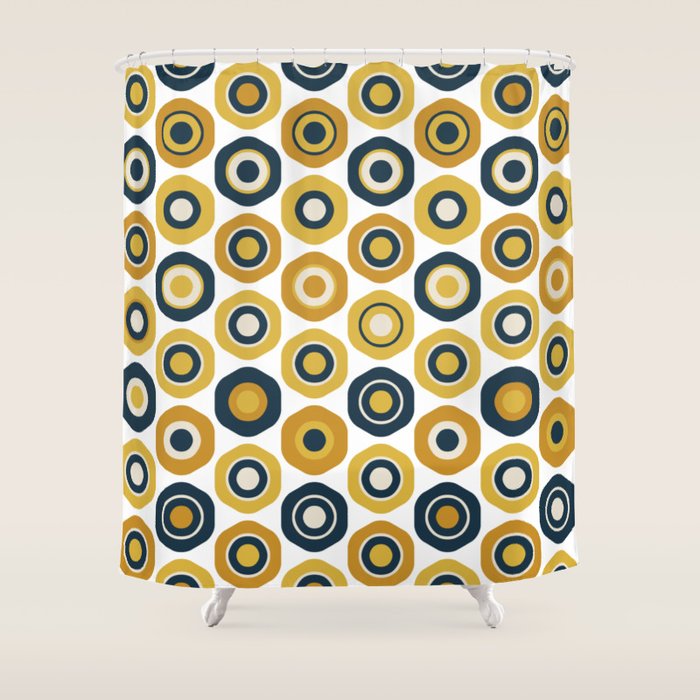 Buttons. Cute Geometric Pattern in Mustard Yellows, Blue, and Taupe on White Shower Curtain Gallery Image 1
