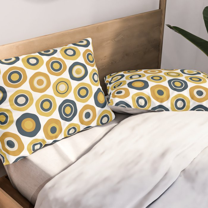 Buttons. Cute Geometric Pattern in Mustard Yellows, Blue, and Taupe on White Pillow Sham Gallery Image 2
