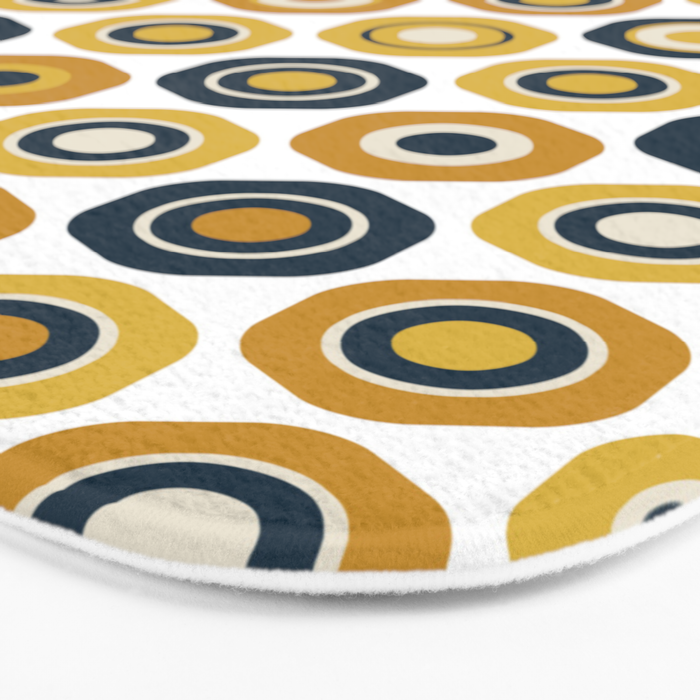 Buttons. Cute Geometric Pattern in Mustard Yellows, Blue, and Taupe on White Bath Mat Gallery Image 3