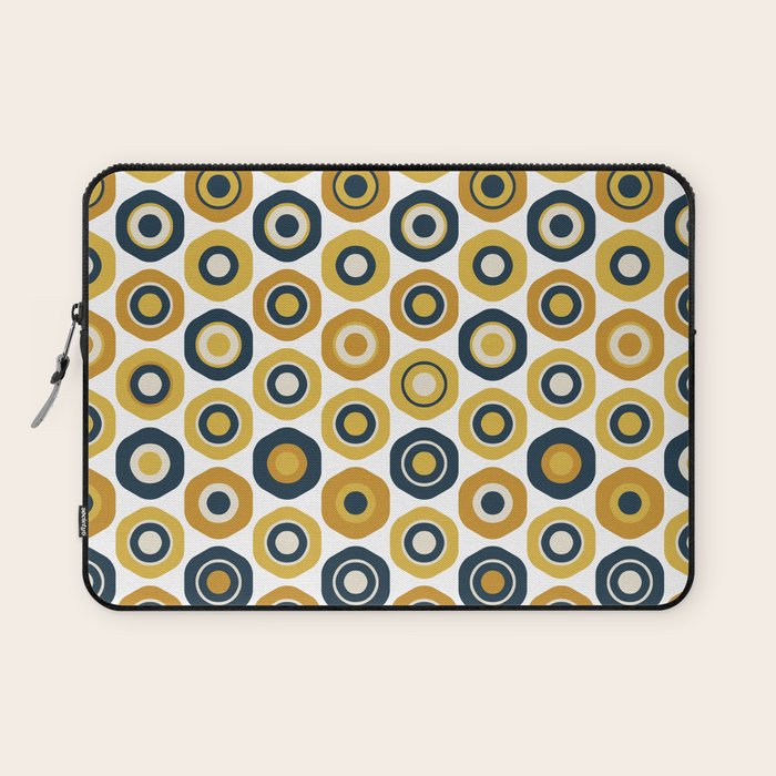 Buttons. Cute Geometric Pattern in Mustard Yellows, Blue, and Taupe on White Laptop Sleeve Gallery Image 1