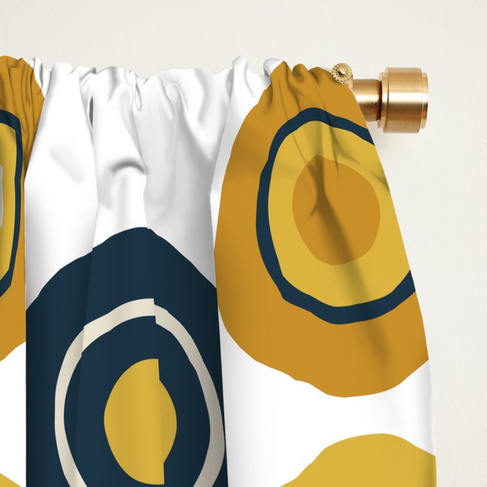 Buttons. Cute Geometric Pattern in Mustard Yellows, Blue, and Taupe on White Window Curtain Gallery Image 2