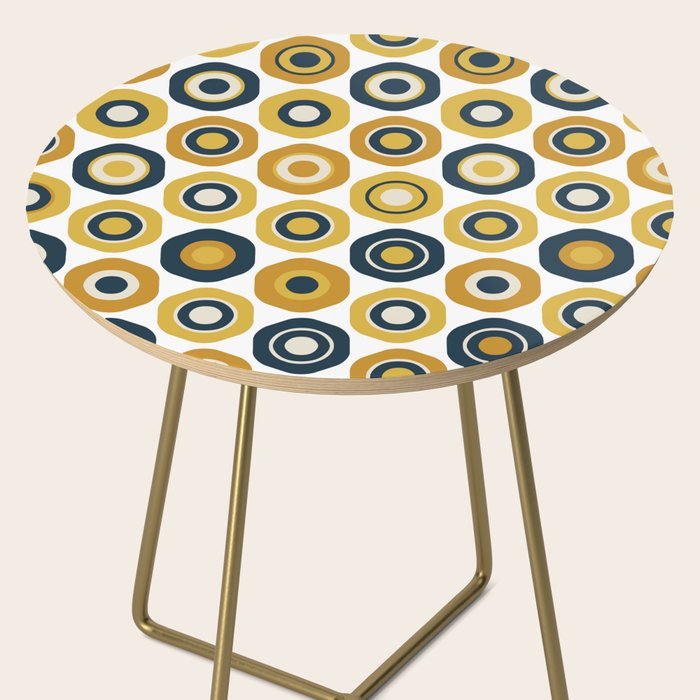 Buttons. Cute Geometric Pattern in Mustard Yellows, Blue, and Taupe on White Side Table Gallery Image 2