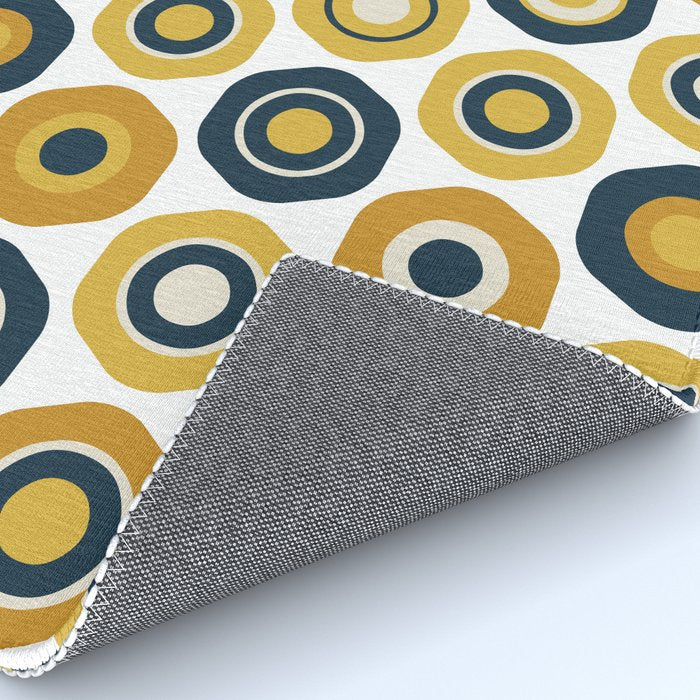 Buttons. Cute Geometric Pattern in Mustard Yellows, Blue, and Taupe on White Rug Gallery Image 4