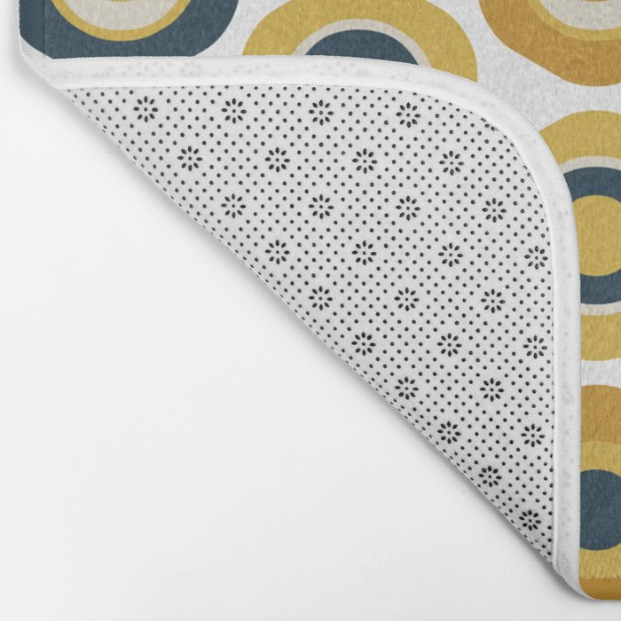 Buttons. Cute Geometric Pattern in Mustard Yellows, Blue, and Taupe on White Bath Mat Gallery Image 2