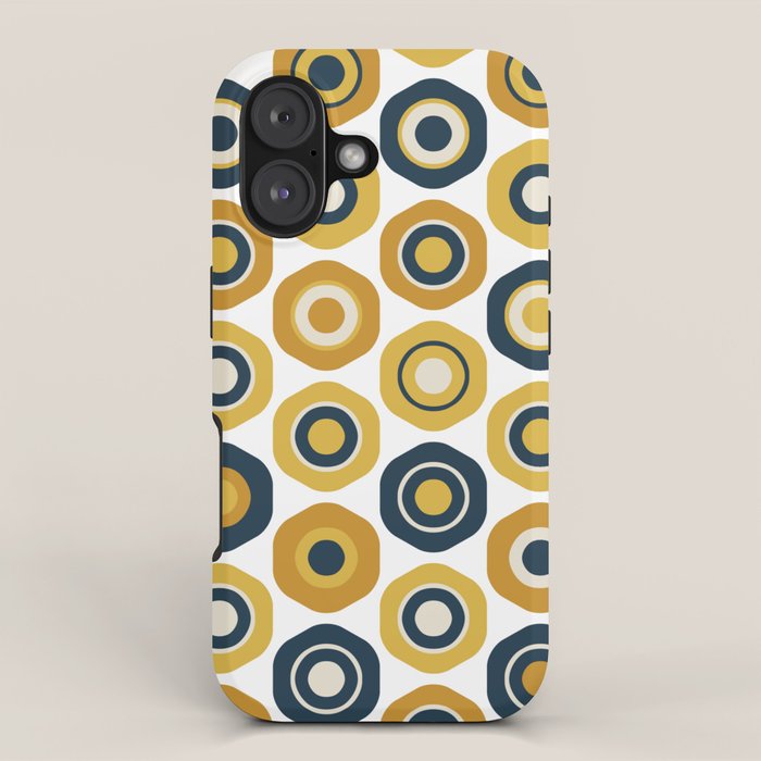 Buttons. Cute Geometric Pattern in Mustard Yellows, Blue, and Taupe on White iPhone Case Gallery Image 1