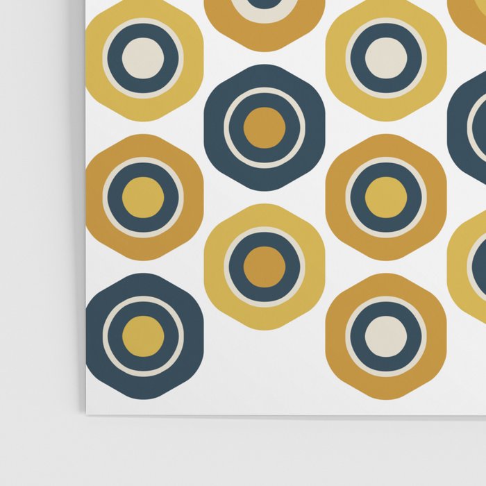 Buttons. Cute Geometric Pattern in Mustard Yellows, Blue, and Taupe on White Poster Gallery Image 3
