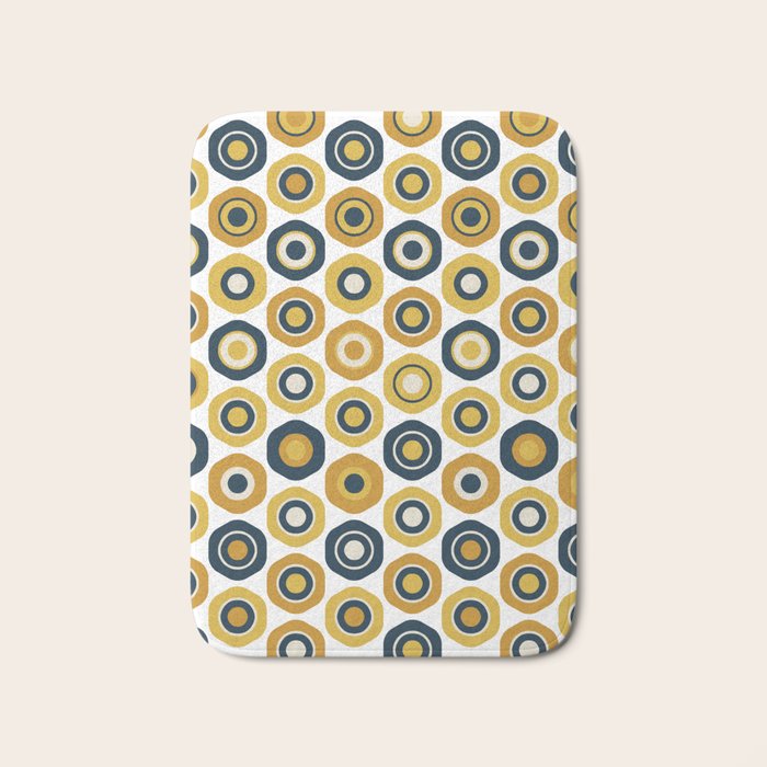 Buttons. Cute Geometric Pattern in Mustard Yellows, Blue, and Taupe on White Bath Mat Gallery Image 1
