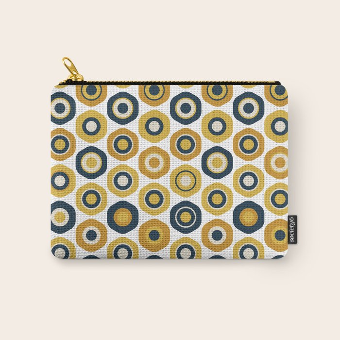 Buttons. Cute Geometric Pattern in Mustard Yellows, Blue, and Taupe on White Carry All Pouch Gallery Image 1