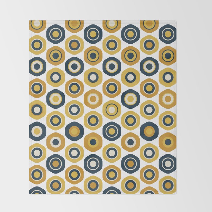 Buttons. Cute Geometric Pattern in Mustard Yellows, Blue, and Taupe on White Throw Blanket Gallery Image 2