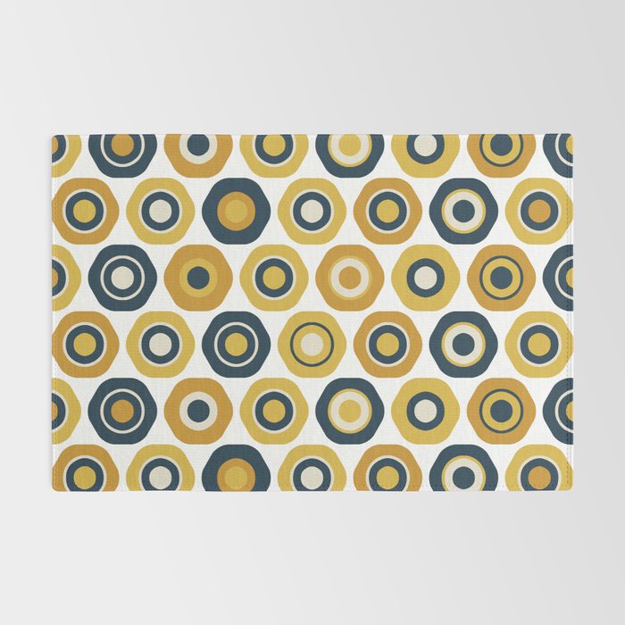 Buttons. Cute Geometric Pattern in Mustard Yellows, Blue, and Taupe on White Rug Gallery Image 2