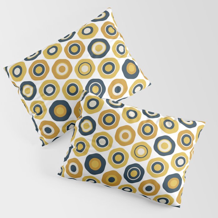 Buttons. Cute Geometric Pattern in Mustard Yellows, Blue, and Taupe on White Pillow Sham Gallery Image 1