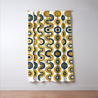Buttons. Cute Geometric Pattern in Mustard Yellows, Blue, and Taupe on White Window Curtain Gallery Image 3
