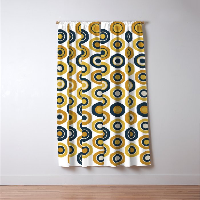 Buttons. Cute Geometric Pattern in Mustard Yellows, Blue, and Taupe on White Window Curtain Gallery Image 3