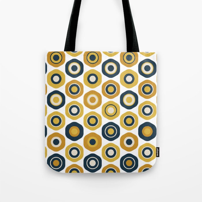 Buttons. Cute Geometric Pattern in Mustard Yellows, Blue, and Taupe on White Tote Bag Gallery Image 1