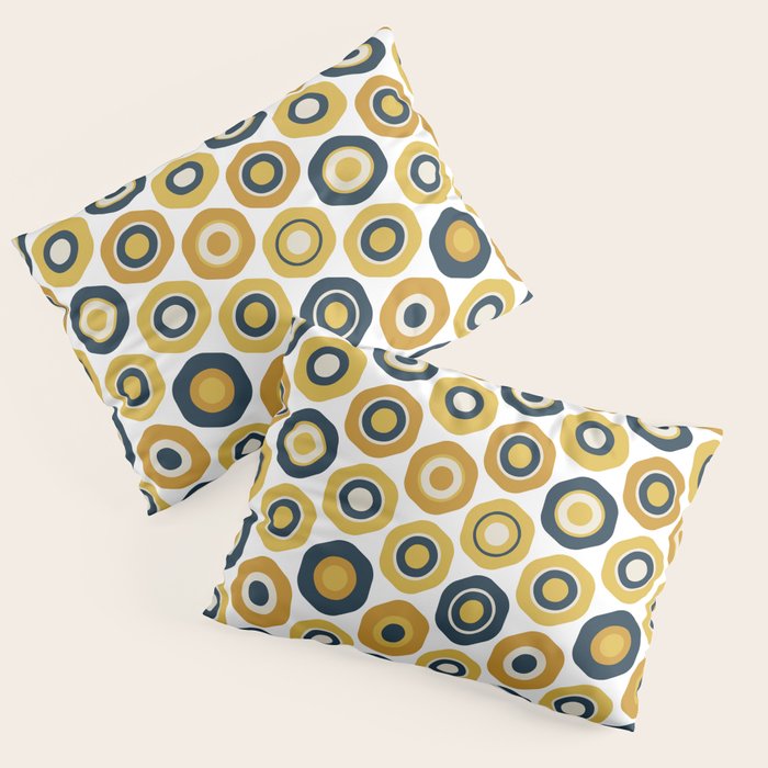 Buttons. Cute Geometric Pattern in Mustard Yellows, Blue, and Taupe on White Pillow Sham Gallery Image 3