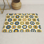 Buttons. Cute Geometric Pattern in Mustard Yellows, Blue, and Taupe on White Rug Gallery Image 1