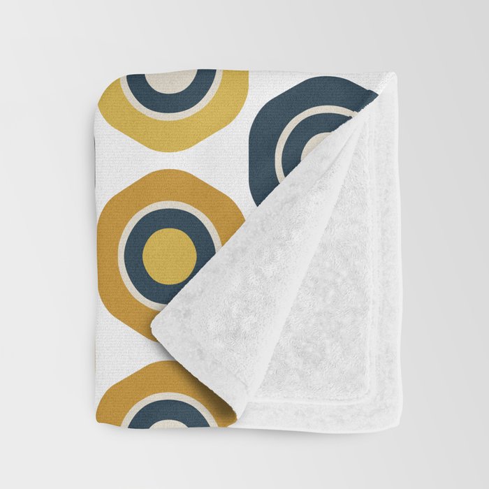 Buttons. Cute Geometric Pattern in Mustard Yellows, Blue, and Taupe on White Throw Blanket Gallery Image 3
