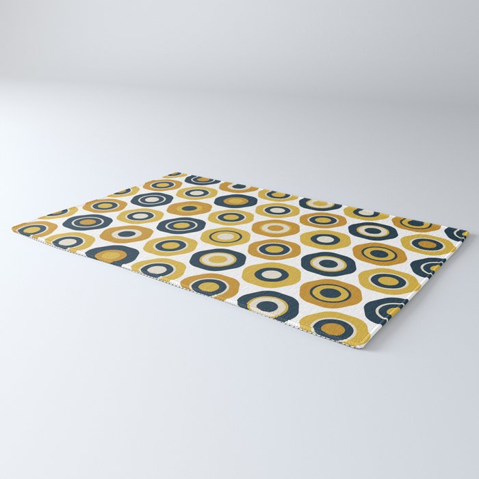 Buttons. Cute Geometric Pattern in Mustard Yellows, Blue, and Taupe on White Rug Gallery Image 3