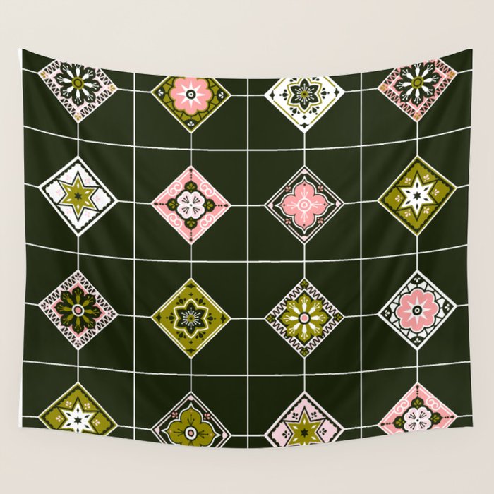 Talavera Mexican Tile - Blush & Sage Palette Wall Tapestry Gallery Image 1