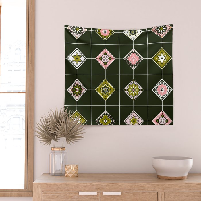 Talavera Mexican Tile - Blush & Sage Palette Wall Tapestry Gallery Image 2