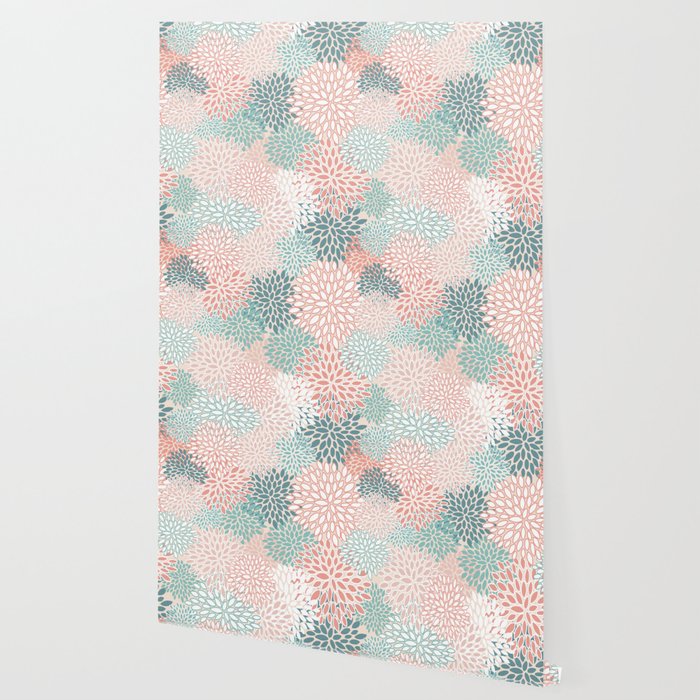 Festive, Floral Prints, Teal, Peach, Coral Wallpaper Gallery Image 2