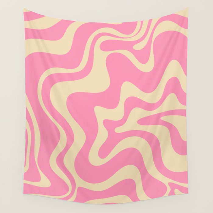 Retro Liquid Swirl Abstract Pattern in Pink Cream Wall Tapestry Gallery Image 4