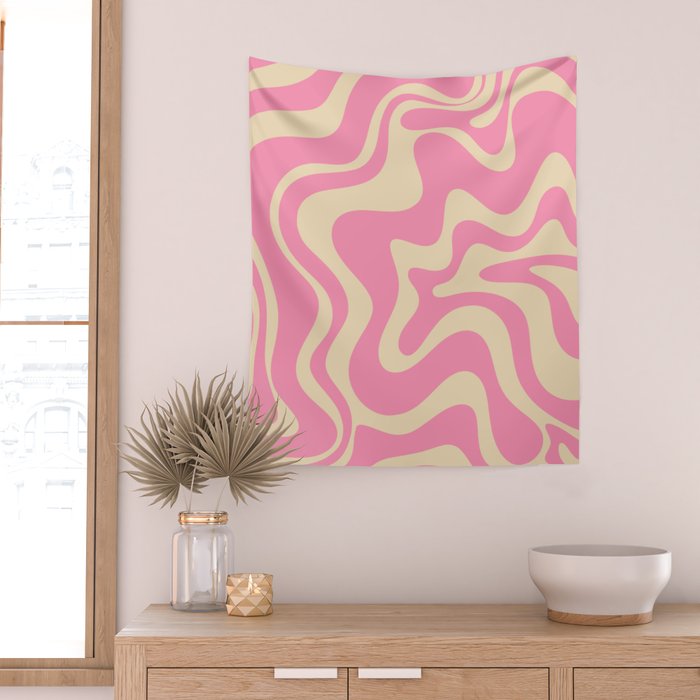 Retro Liquid Swirl Abstract Pattern in Pink Cream Wall Tapestry Gallery Image 2