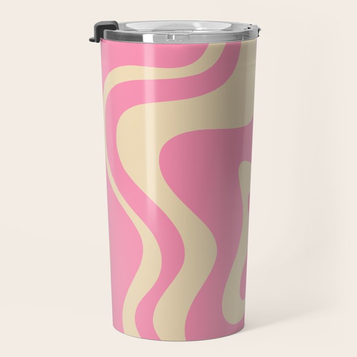 Retro Liquid Swirl Abstract Pattern in Pink Cream Travel Mug Gallery Image 3