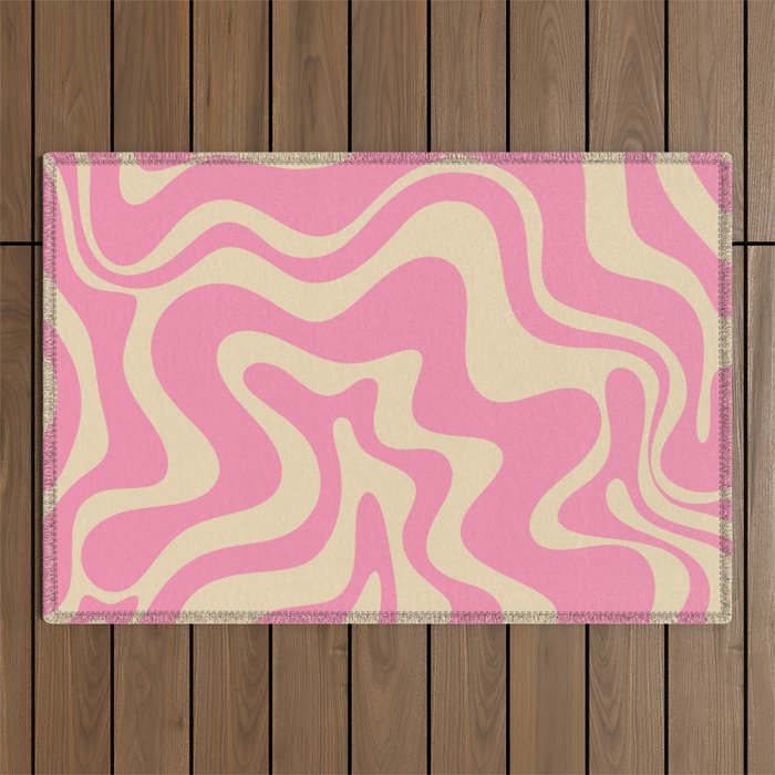 Retro Liquid Swirl Abstract Pattern in Pink Cream Outdoor Rug Gallery Image 1