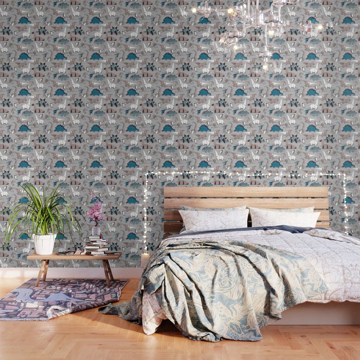 Origami dino friends // grey linen texture blue dinosaurs Wallpaper Gallery Image 1