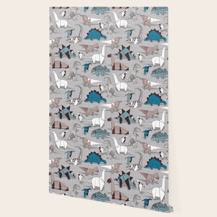 Origami dino friends // grey linen texture blue dinosaurs Wallpaper Gallery Image 2