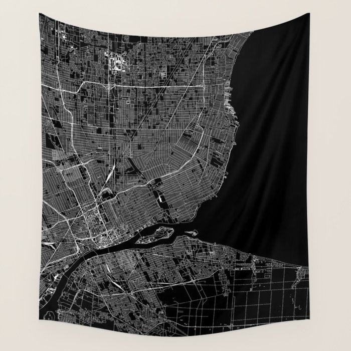 Detroit Black Map Wall Tapestry Gallery Image 4
