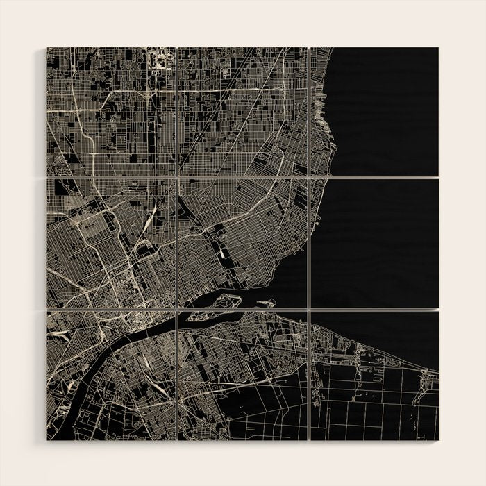Detroit Black Map Wood Wall Art Gallery Image 1