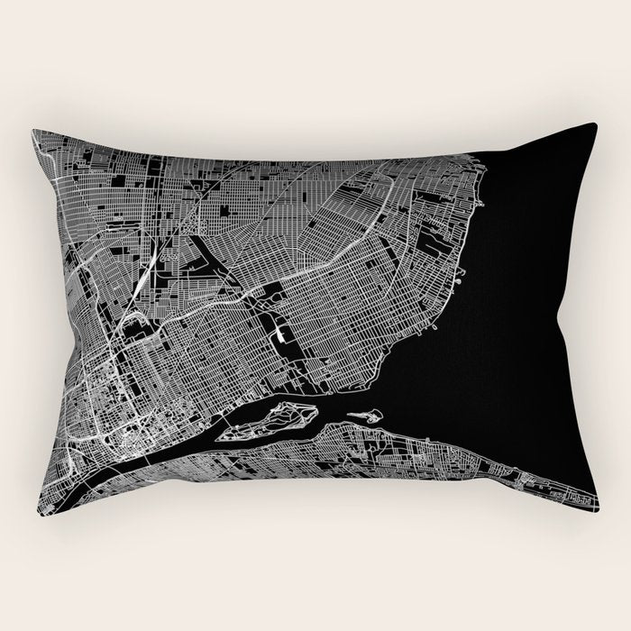 Detroit Black Map Rectangular Pillow Gallery Image 1