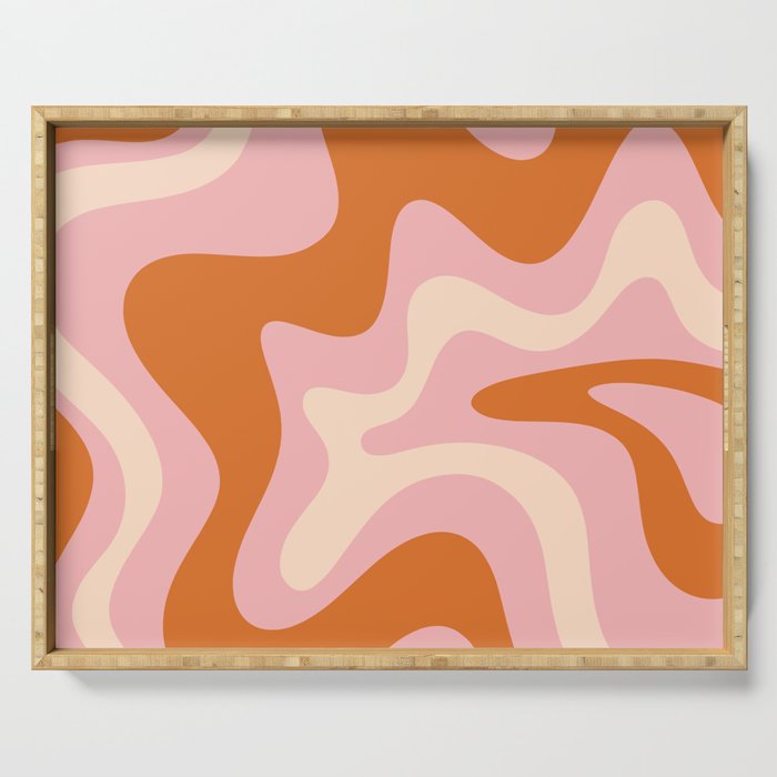 Retro Liquid Swirl Abstract Square Pink Orange Cream Serving Tray Gallery Image 1
