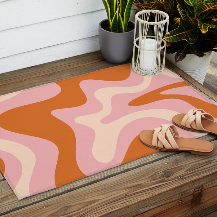 Retro Liquid Swirl Abstract Square Pink Orange Cream Outdoor Rug Gallery Image 2
